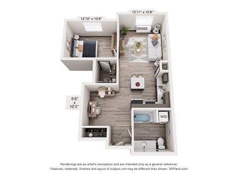 Floor plan for 1 bed, 1 bath, 761 sqft